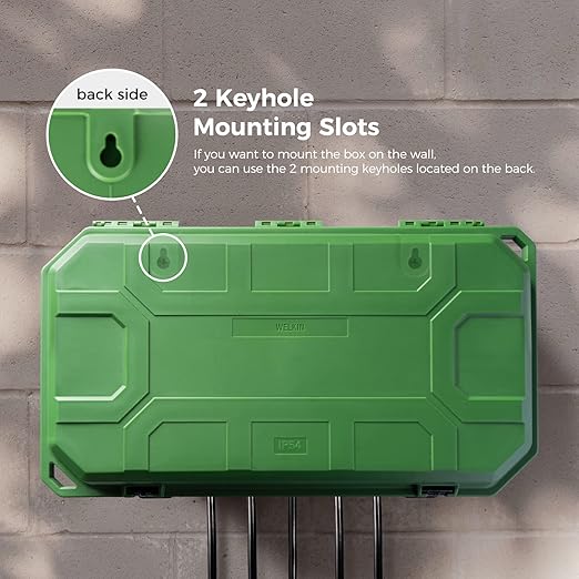WELKIN Heavy-Duty Outdoor Electrical Box (15.3 * 5.4 * 8.9 inch), IP54 Weatherproof Waterproof Extension Cord Cover, Protect Outlet, Plug, Timer, Power Strip, Holiday Lights (Green)