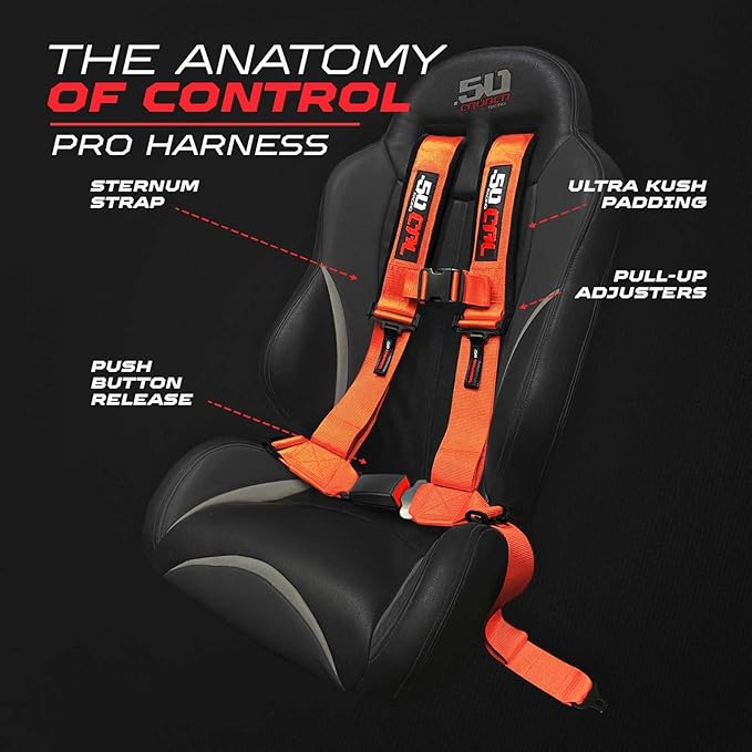 1pc 4 Point Harness for Bucket Seat, Push Release, 10 Color Options, Racing Harness, Race Car, Off Road, UTV, RZR (2in Orange)