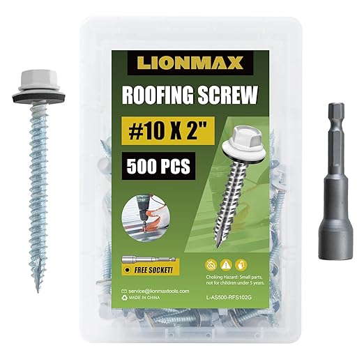 LIONMAX Metal Roofing Screws #10 × 2 Inch, 500-PCS, White Painted Hex Head Sheet Metal Roof Screws, Rubber Washer, Sharp Point, Metal to Wood Siding Screws, Hex Socket Included