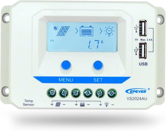 EPEVER Solar Charge Controller 20A with Dual USB Ports VS2024AU PWM Charging 12V/24V Auto Work Solar Panel Battery Charging Regulator with LCD Display (20A)