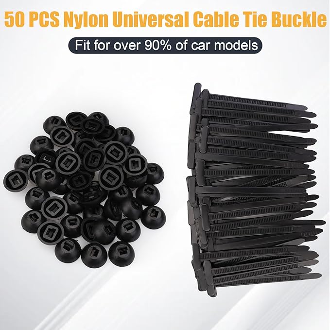 50 PCS Nylon Universal Cable Tie Buckle, Push Mount Cable Zip Ties, Heavy Duty Self-Locking Zip Ties Holder, UV Resistant Black Multipurpose Tie Fasteners for Car, Home & Industrial Use