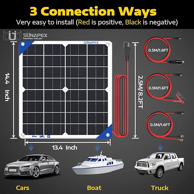 SUNAPEX 12V 20 Watt Solar Trickle Charger Maintainer - Waterproof Solar Powered Battery Charger - Solar Panel Kit Built-in Smart Charge Controller for Car Rv Trailer Truck Boat Automotive Marine