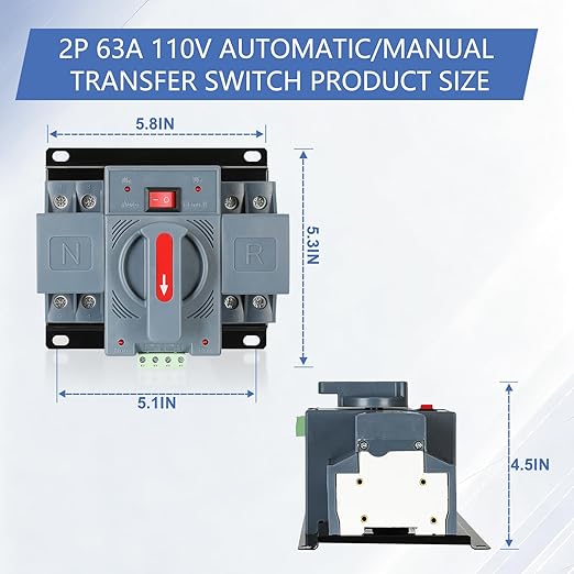 6-63amp AC110V Automatic/Manual Transfer Switch 2P 50/60Hz, 2POLE 63A ATS Auto Changeover Dual Power Switch for Generator, CE Certified ATS Solar Back Up Power Auto Selector Overvoltage, Undervoltage