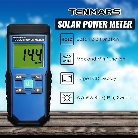 Solar Power Meter, Handheld Solar Irradiance Meter Solar Energy Meter, Digital Solar Power Meter with 2000 W/m2, 634 BTU / (ft2 · h) Measuring Range and MAX/MIN/Data Hold Function