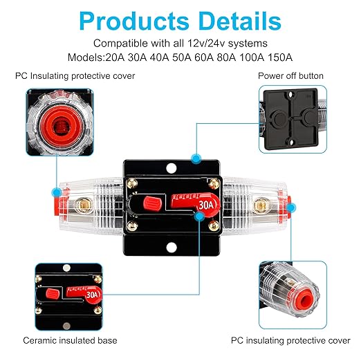30 Amp Audio Circuit Breaker,12V-24V DC Fuse Holder,20-300A Breaker Switch,Inline Circuit Breaker with Reset Button,for Automotive Marine Boat Audio System Current Overload Protection