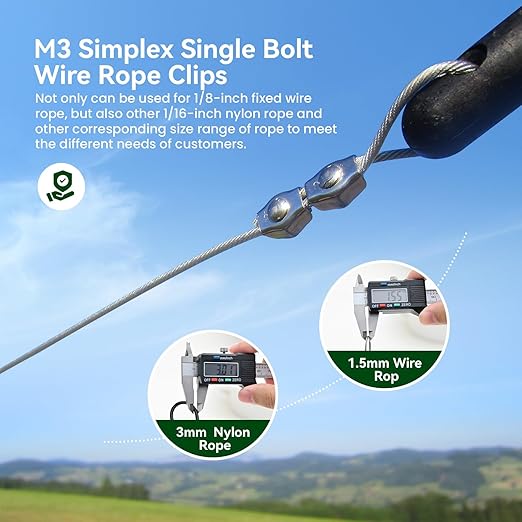 20Pcs M3 Stainless Steel Single Wire Rope Clips, Simplex Bolt Cable Clamp for 1/16in-1/8in Diameter Wire Cable for Picture Hanging Christams String Light, Free Wrench