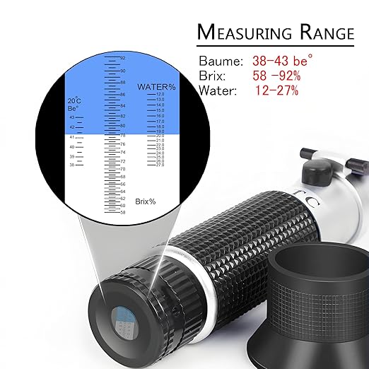 Honey Refractometer,V-Resourcing Hand Held Be'(Baume)/Brix/Water Refractometer for Honey Test,Tri-Scale (Baume:38-43°;Brix:58-92%;Water:12-27%)