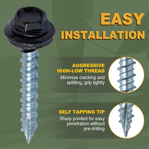 LIONMAX Metal Roofing Screws #10 × 2 Inch, 300-PCS, Black Painted Hex Head Sheet Metal Roof Screws, Rubber Washer, Sharp Point, Metal to Wood Siding Screws, Hex Socket Included