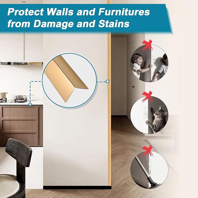 Raytano 8Pcs 45" L ×1" W Self Adhesive Metal Corner Protectors, Modern Aluminum Wall Corner Guards for Wall Door Furniture Cabinet Baseboard Frame Protection and Decoration (Size:45" x 1",Golden)