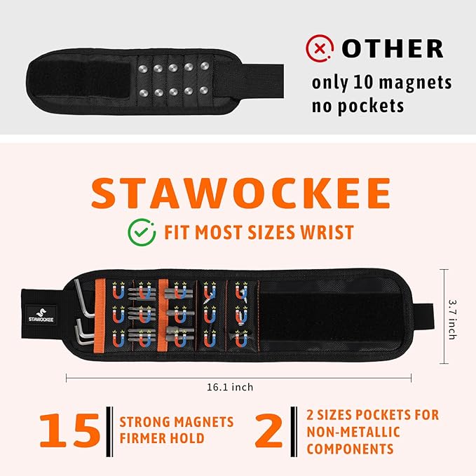 Magnetic Wristband for Holding Screws, Nails, Drill Bits - 15 Powerful Magnets Tool Belt, 3rd Helping Hand Tool - Cool Gadgets Gifts for Men, Dad, Husband, Father's Day, Christmas Stocking Stuffers