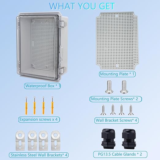 IP67 Waterproof Junction Box, ABS Plastic Electrical Enclosure with Stainless Steel Latch, Hinged Clear Cover Electric Box with Mounting Plate, Wall Brackets & Cable Glands 220x170x110mm
