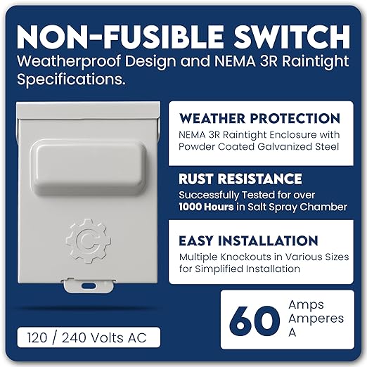 8-Pack 60 Amp (or 30 Amp) Pullout Non-FUSIBLE Disconnect Switch, ControlGear Brand 240V NEMA 3R Outdoor Metallic Enclosure for HVAC Systems, UL Certified, Single Phase Two Wire