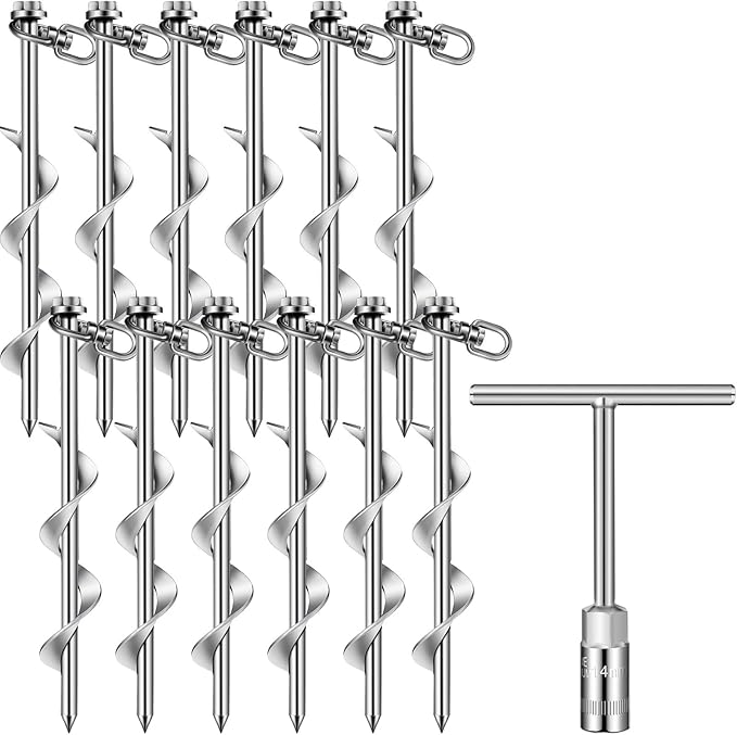 Hiboom 4 Pcs Ground Anchors with T Handle Hex Wrench Trampoline Hook, Ground Anchor Screw in Kit, Inflatable Outdoor Decorations Accessories for Camping Tents Car Ports Canopies (Silver,8 Inch)