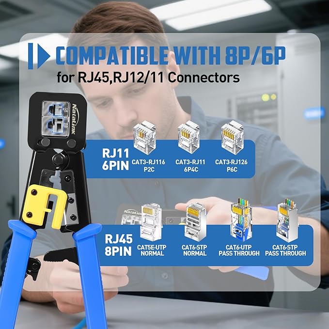 Pass Through RJ45 Crimp Tool Kit Cat 6 Cat 5E Cat 5 Ethernet Crimper Kit RJ45 Crimping Tool with Network Cable Tester, Mini Cable Stripper, 50 Pcs Cat6 Connectors and Strain Relief Boots