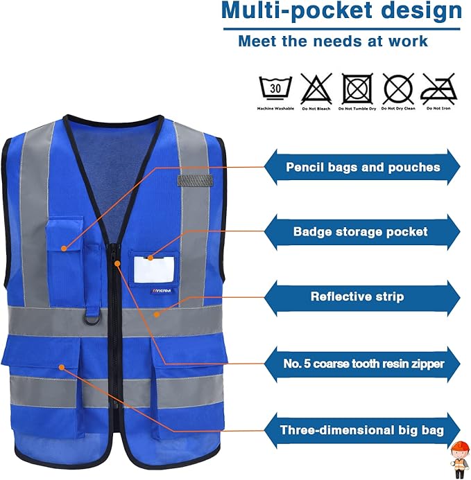 A-SAFETY Blue High Visibility Reflective Safety Vest,Hi Vis Bright Neon Color with 4 Reflective Strips 8 Pockets,X-Large