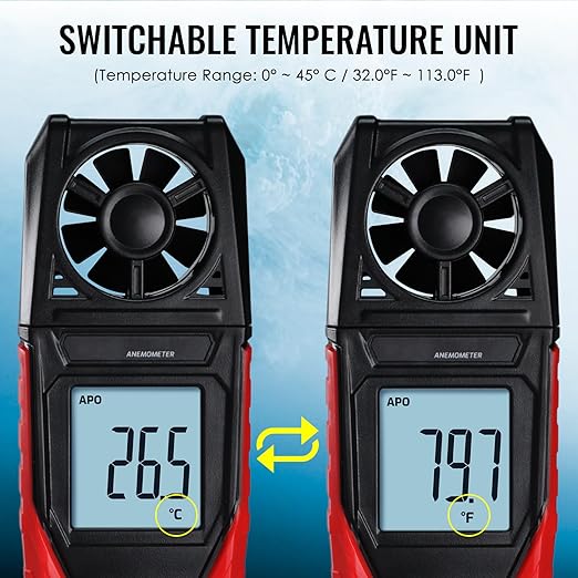 Digital Anemometer Handheld Wind Speed Meter for Air Velocity, Temperature Outdoor High Accuracy Anemometer Gauge Max/Min Data Hold, Battery Indicator for Drone Flying, Sailing, HVAC, Weather