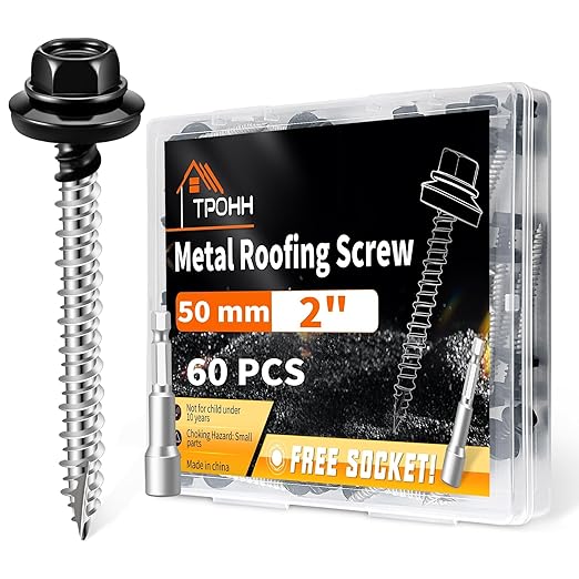 60 PCS #10 x 2 Hex Head Metal Roofing Screws with Bit, Black Painted Head Sheet Roof Screw with EPDM Washer, High-Low Thread, Self-Tapping Metal to Wood Screws for Roofing & Siding - TPOHH