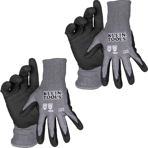 KLEIN TOOLS 60584 Work Gloves, Knit Dipped Cut Resistant ANSI A2 Nitrile Coated Gloves, HPPE Fabric, Touchscreen Capable, Medium, 2-Pair