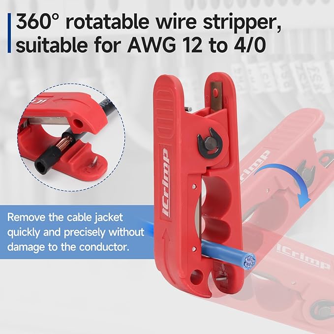 iCrimp Round Cable Stripper for AWG 12 to 4/0, Adjustable Cable Jacket Stripper,Wire Stripping Tool with 2 Spare Blade