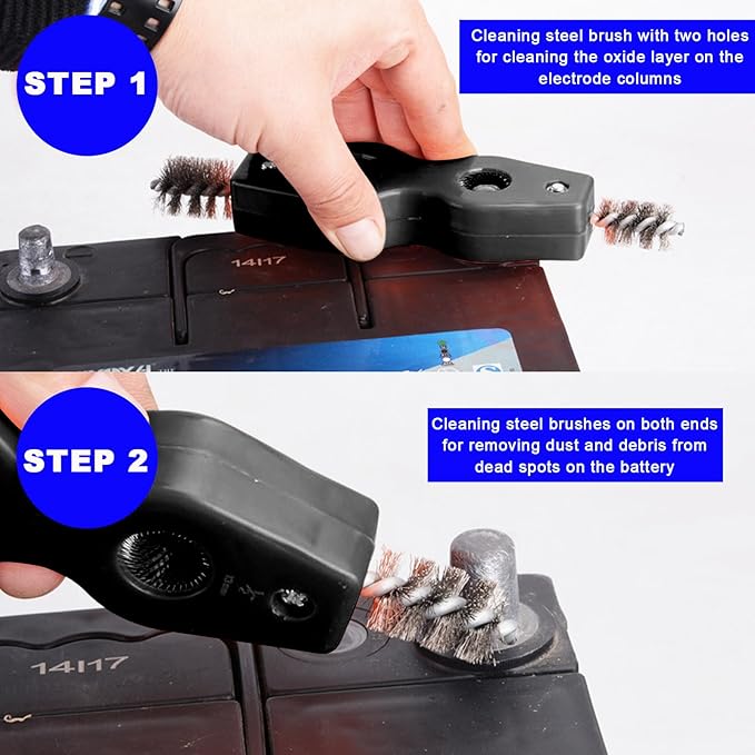 Battery Terminal Cleaning Brush, 4 in 1 Anti-Corrosion Car Battery Cleaner, Vehicle Battery Terminals Machine Parts Cleaning Tool for Auto Marine, Universal Car Accessories (Black-2PCS)