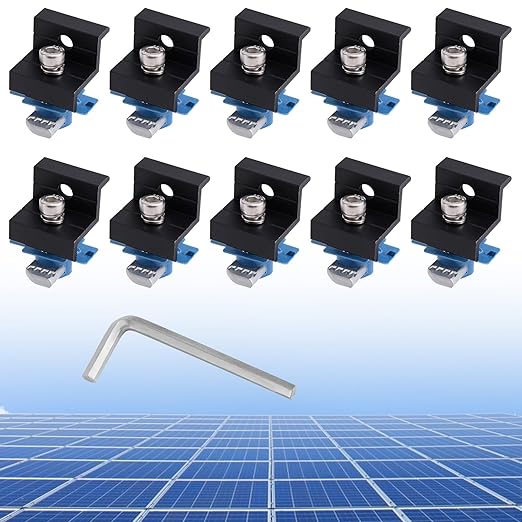 10pcs Solar Panel End Clamps for Unistrut Standard, 30mm/35mm Solar Panel Brackets with Nuts Bolts, Aluminum Alloy Mounting Rail Kit for Metal Tin Flat Sheet Roof Mount (Black)
