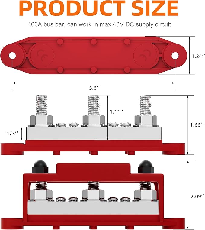 Joinfworld Power Distribution Block 400A Bus Bar 12V 48V with 3 x 3/8"(M10) Studs 12 Volt Automotive Marine DC Battery Busbar Terminal Block with Cover - Negative&Positive