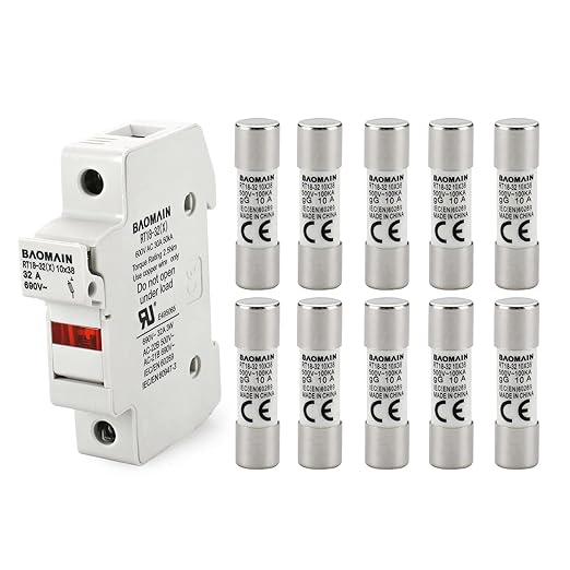 Baomain RT18-32 Fuse Holder Base with 10x10A Ceramic Fuses (10x38mm) – 1 Pole DIN Rail Mount, LED Indicator, CE Certified (10 Amp)