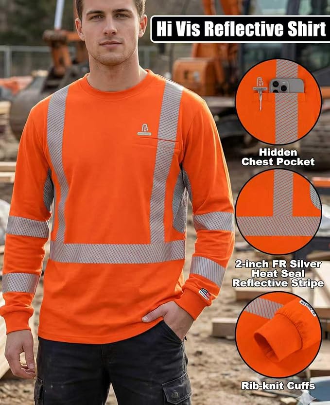BOCOMAL Reflective FR Shirts High Visibility Summer Vented Mesh Long Sleeve Crewneck Lightweight Flame Resistant Workwear