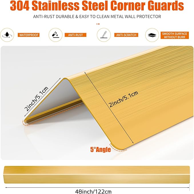 2x2x48 Inch 304 Stainless Steel Wall Corner Guards (5-Pack) Heavy Duty Rounded Corner Protector, Smooth Folded Edge Design for Wall Protection Golden Stainless Steel Slab