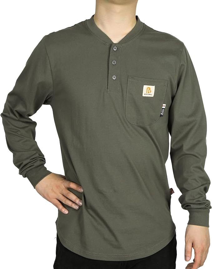 BOCOMAL FR Shirts 6oz Lightweight Flame Resistant Long Sleeve Henley Shirt Fire Retardant Workwear NFPA2112 CAT2