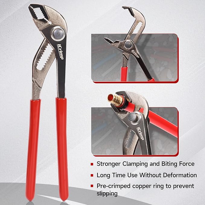 iCrimp Angle Head F1807 PEX Pipe Crimping Tool for Copper Rings - 1/2&3/4-inch Two Crimper Set with 9.5" Groove Joint Pliers, PPR Cutter, 20PCS 1/2" and 10PCS 3/4" Copper Rings