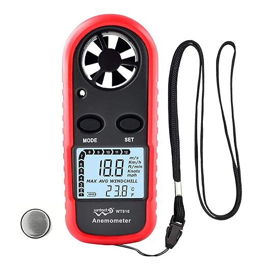 Wintact Handheld Anemometer, Digital Wind Speed Meter Gauge, Air Flow Velocity Tester with Measuring Wind Temperature 14℉ to 113℉ for HVAC Duct Outdoor Kite Boat Sailing Surfing (WT816)