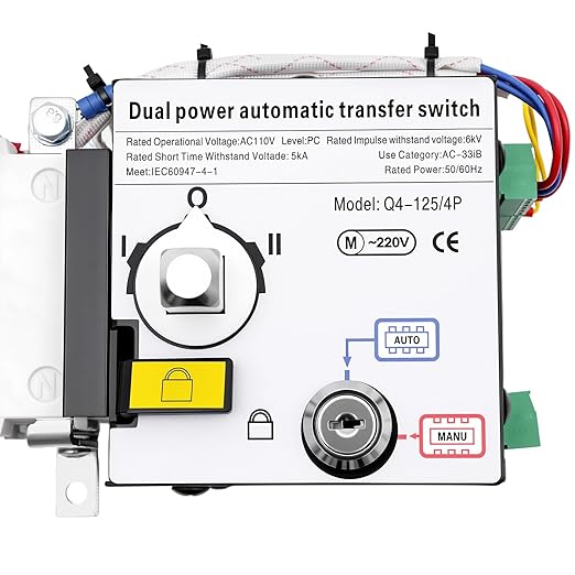 63A 110V Dual Power Automatic Transfer Switch Manual Transfer Switch 50/60Hz Din Rail Mounted Mini ATS 2/3/4P 63/32A for Hone Generator and Backup Power RV (4P 100A)