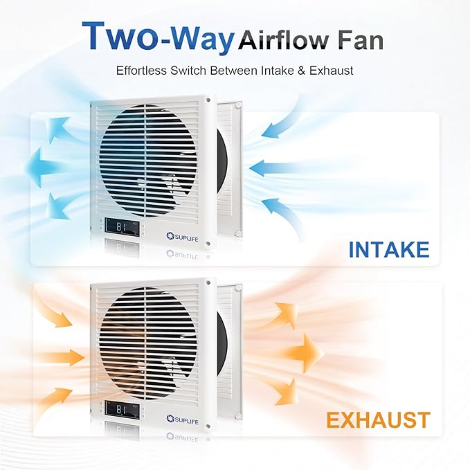 8" Room to Room Air Transfer Fan for Quietly Circulating Air, Reversible Airflow Design, 320 CFM Programmable Through Wall Fan, Durable Build Quality, 10 Speed Thru Wall Exhaust Fan for Closet,Laundry