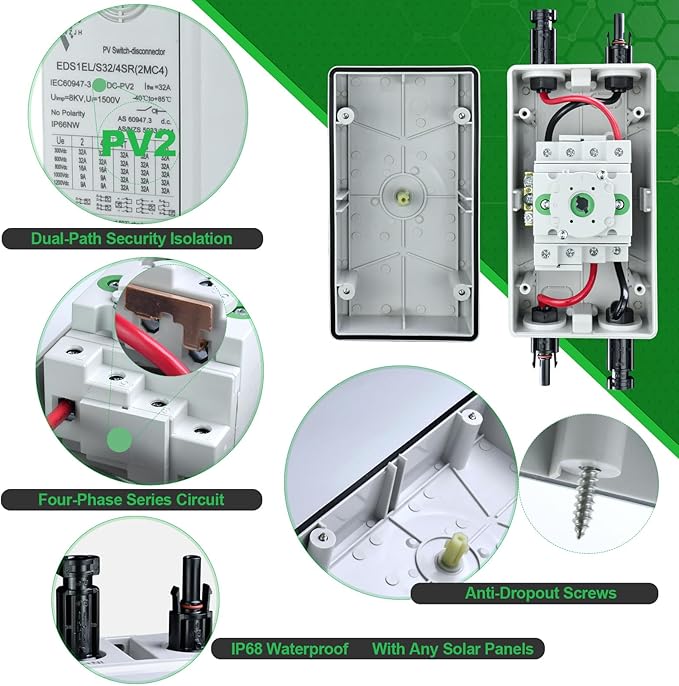 Solar Disconnect Switch DC1500V 32Amp 4-Pole 1-in 1-Out Solar Isolator Switch Solar Panels Disconnect with Waterproof IP66 Enclosure for Rooftop Solar Systems, RVs and Boat