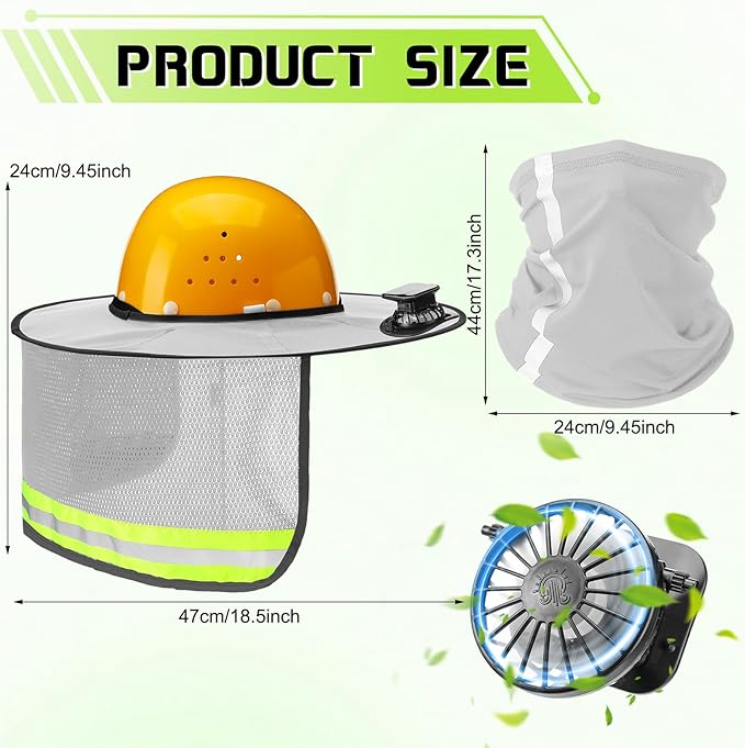 1 Set Sun Hard Hat with Solar Fan Shade Full Brim Hard Hat and Neck Sunshade Cover High Visibility Full Brim Mesh with Reflective Strip for Outdoor Summer Protection