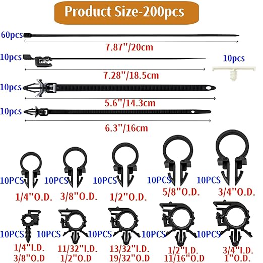 Goaste 200 Pieces Car Wire Loom Routing Clips, Automotive Harness Routing Clips Assortment, 15 Different Sizes Push Mount Cable Tie Kit, Universal Wiring Harness Clip Replacement Parts for Trucks Cars