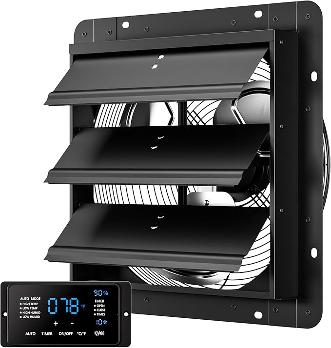 14 Inch EC Motor Shutter Exhaust Fan, 6 Inch Large Touchscreen Controller for Temp Humidity and Speed Control, 10-Speed Wall Mount Fan for Attic, Greenhouse, Garage, Chicken Coop Ventilation