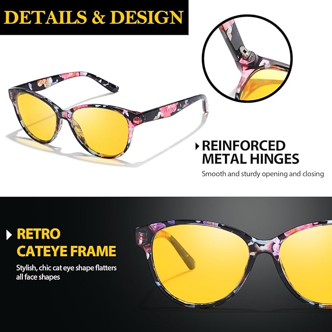 TJUTR Night Vision Driving Glasses for Men & Women, Polarized Anti Glare Yellow Lens Glasses for Night Time Safety TN2582N
