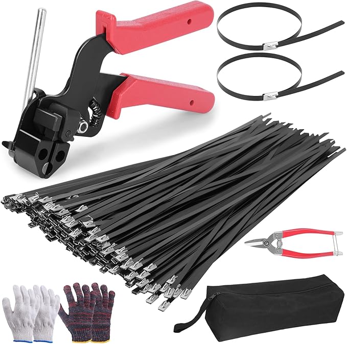 300PCS Metal Zip Ties Gun Kit, 12 Inch Heavy Duty Metal Zip Ties, Multi-Purpose Self-Locking Cable Tie Tool Set for Vehicles Farms Plants Fences Pipe Bundling, Scissors