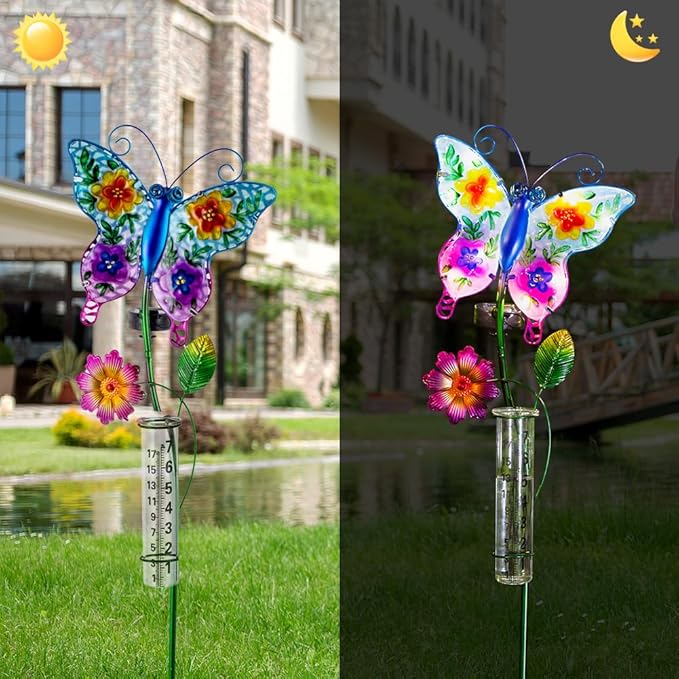 Solar Rain Gauge Outdoor, Butterfly Rain Gauge, Decorative Stained Glass Rain Measure Tool, 7 Inch Tube Rainfall Measurement for Patio, Yard and Garden
