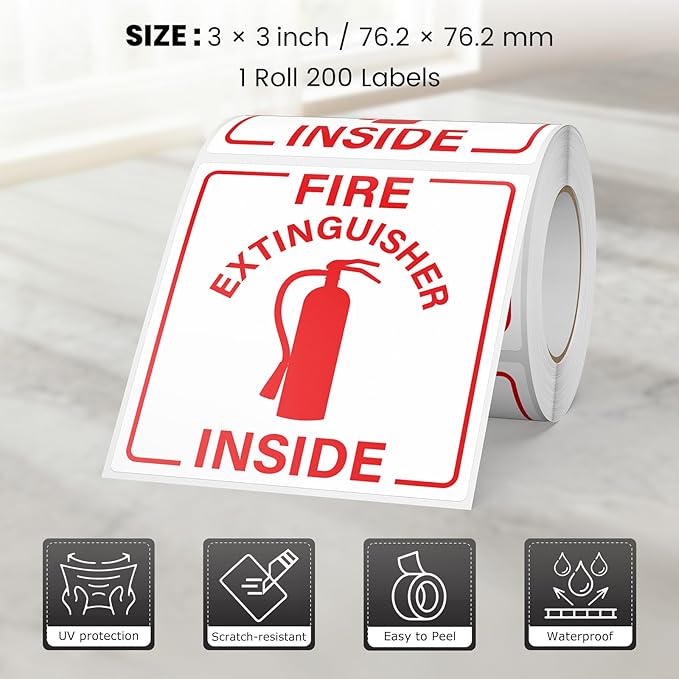 Fire Extinguisher Inside Sticker 200 PCS Self Adhesive 3 Inch Waterproof Vinyl Roll Sticker Fire Cabinet Decal for Truck Business Equipment Warehouse