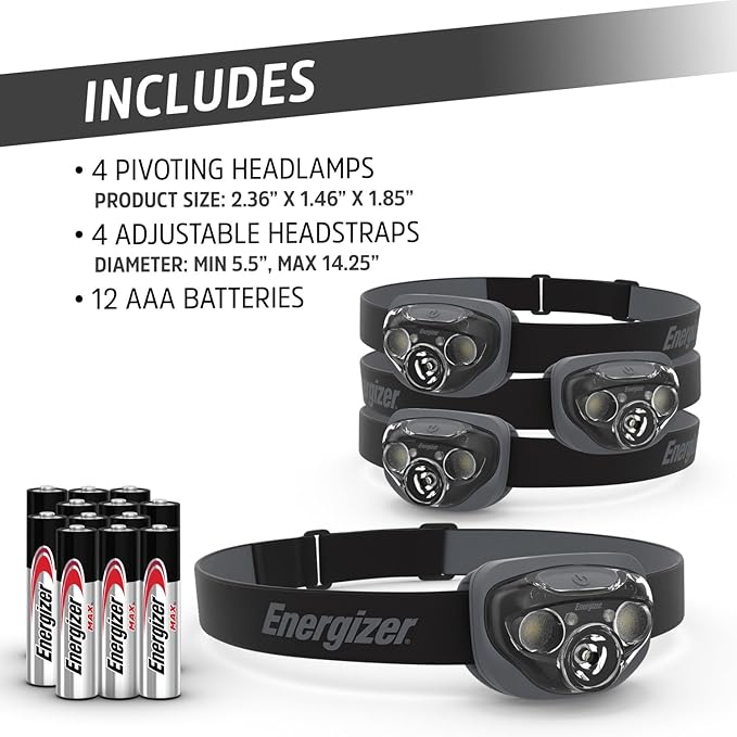 Energizer PRO-260 LED Headlamp (8-Pack), IPX4 Water Resistant Headlamps, High-Performance Head Light for Outdoors, Camping, Running, Storm, Survival LED Light for Emergencies (Batteries Included)