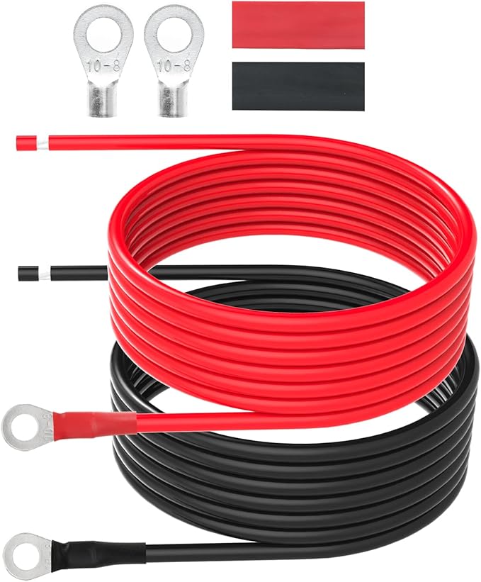 8 AWG Battery Cables 8 Gauge Solar Panel Wire Tinned Copper Extension Cable with 5/16'' Lugs for RV Solar Panel Car Automotive (8AWG 10FT)