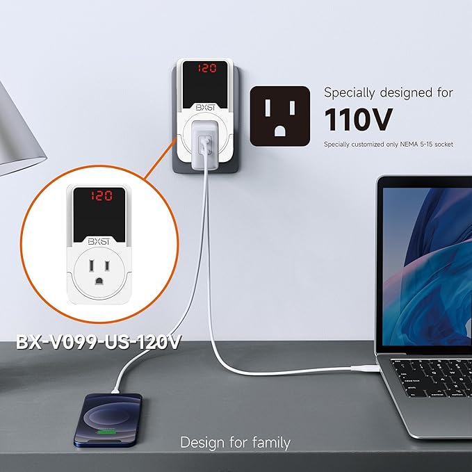 BXST 140J Surge Protector Voltage Protector One Outlet Plug Surge Protector for Refrigerator/Air-Conditioner/Fridge, Home/Office/Travel Portable LED Display Screen, Adjustable,120V, 15A, 1800W
