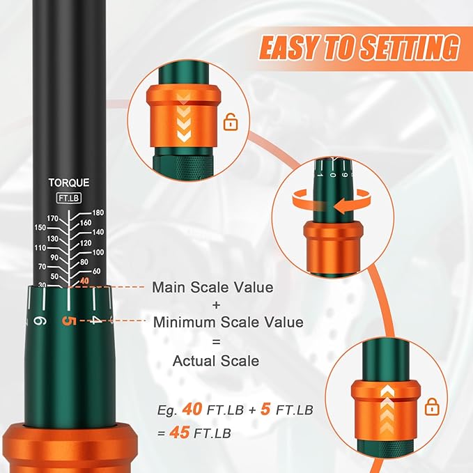 1/2 Click Torque Wrench, 20-180 Ft-lb, 72-Tooth Dual Direction Torque Wrench, ±3% Precision for Car, Truck, SUV, and Wheel Lug Nuts Maintenance
