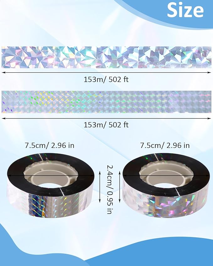 2×502 Ft Bird Scare Tape Ribbon, Double Sided Holographic Flash Reflective Bird Tape, Deterrent Visual Audible Bird Repellent Devices for Outdoor, Garden, Balcony (Regular)