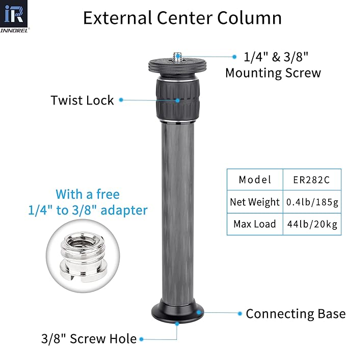 INNOREL ER282C Universal Carbon Fiber Tripod Center Column Extension Pole Extender - 29.0mm Tube, 10 Layers, 2-Section, 9.4-15.4 Inch, 44lbs Max Load, Compatible with DSLR Camera, Tripod, Monopod