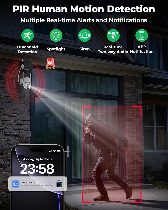 Solar Security Cameras Wireless Outdoor, 5G&2.4GHz Cameras for Home Security, 2K Solar Outdoor Camera, Color Night Vision, AI Human Detection, 2-Way Talk, Siren Alarms (2-Pack)
