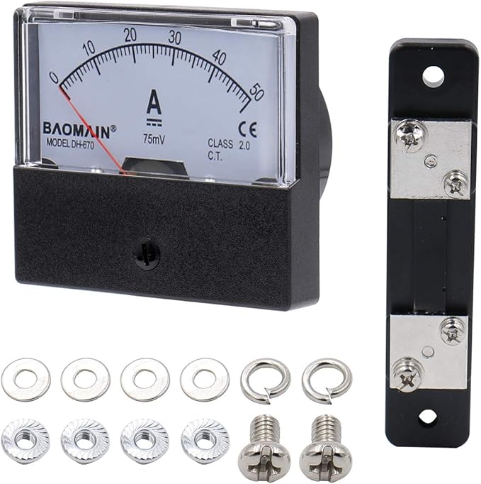 BAOMAIN DH-670 DC 0-50A Analog Amp Panel Meter Current Ammeter with 50A 75mV Shunt Resistor, Class 2.0 Accuracy, Mechanical Pointer Gauge for Battery Charging & Solar Systems